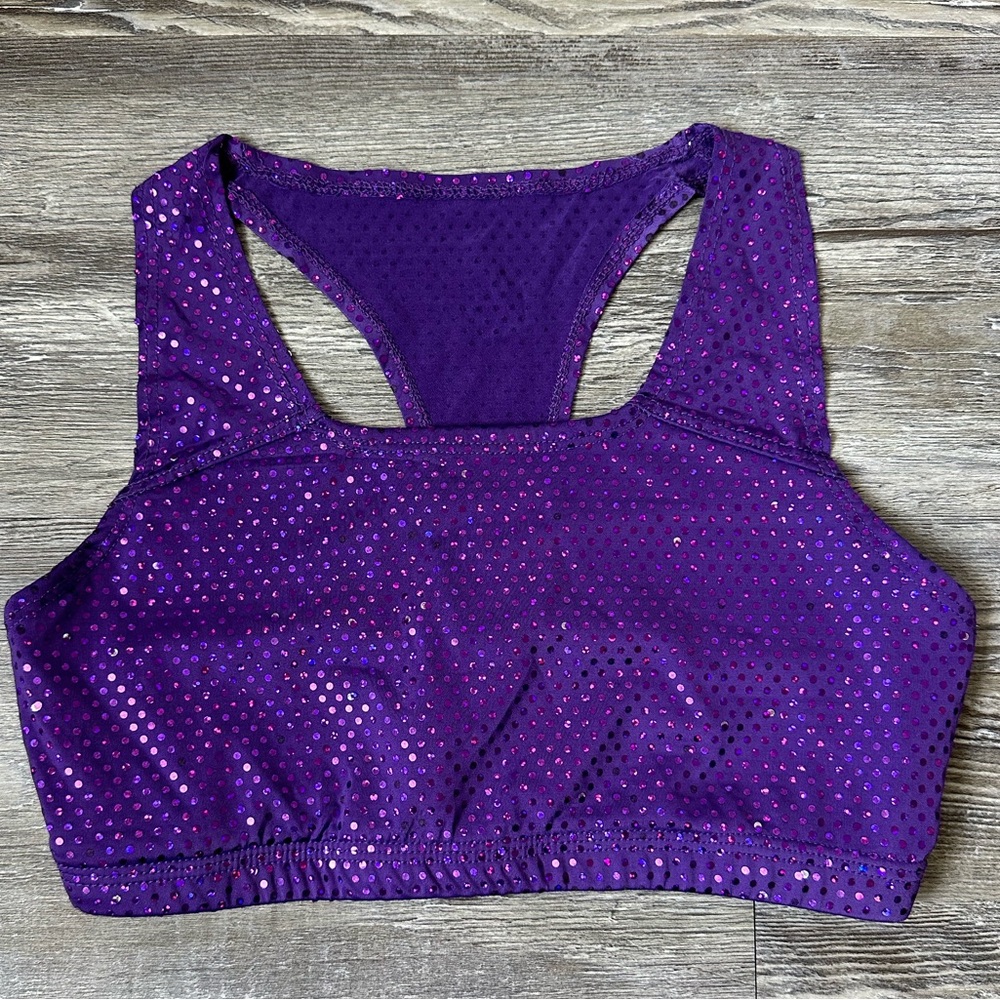 Purple sequins, razorback, sports bra